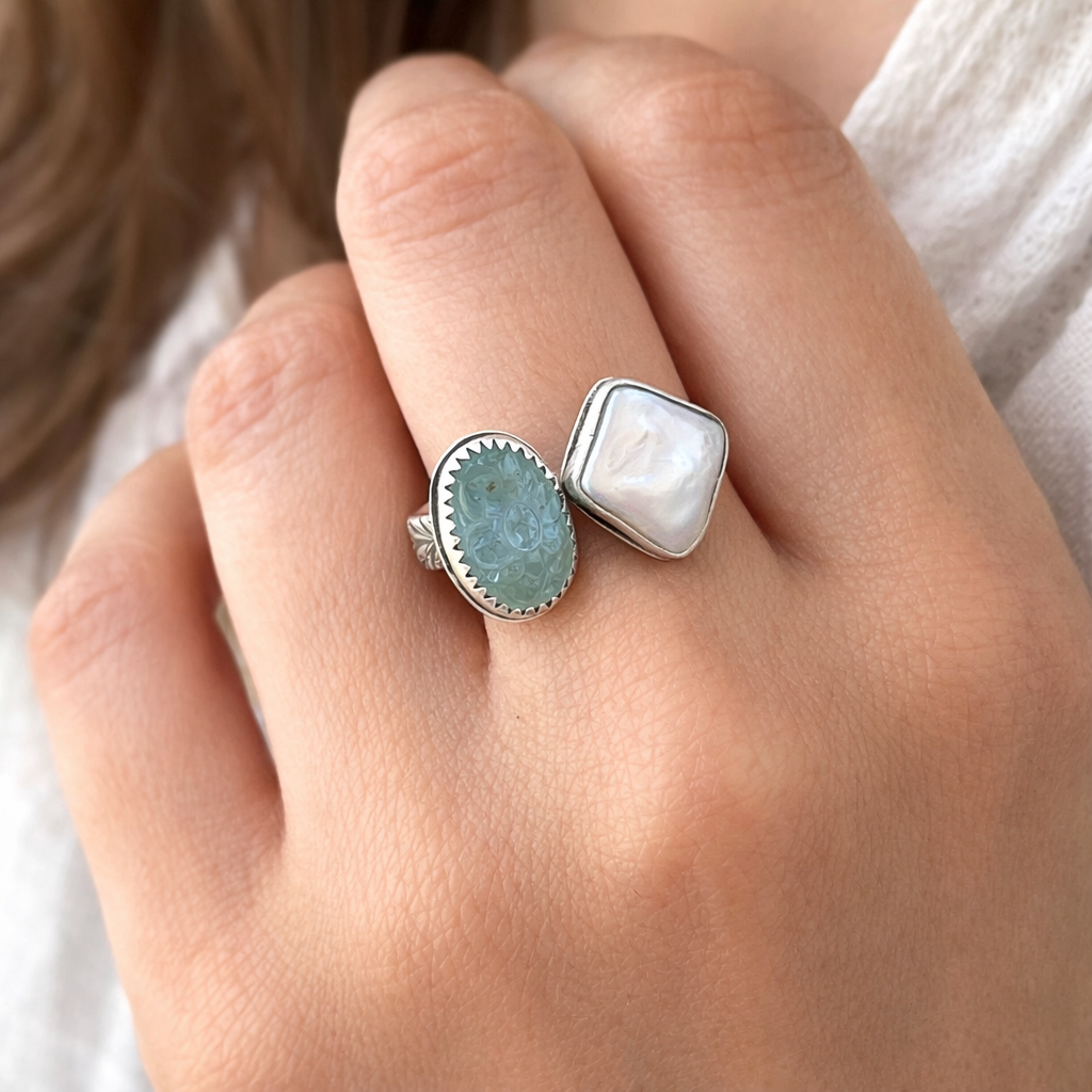 Carved Tourmaline and Pearl Ring