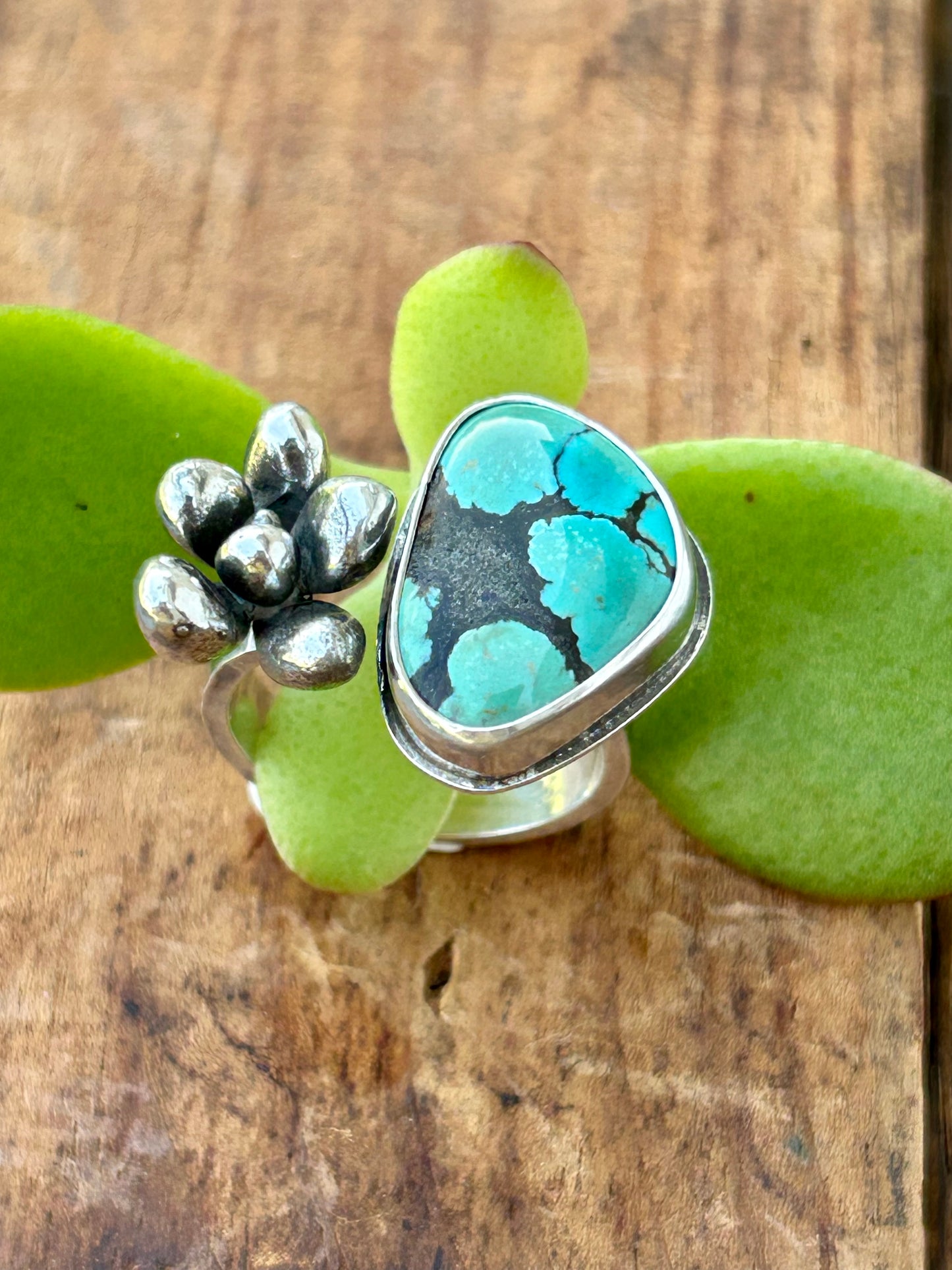Turquoise and Silver Succulent Split Ring