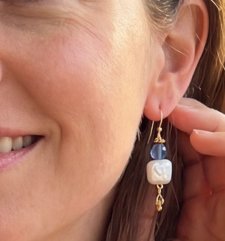 Kyanite and Square Pearl Gold Earrings