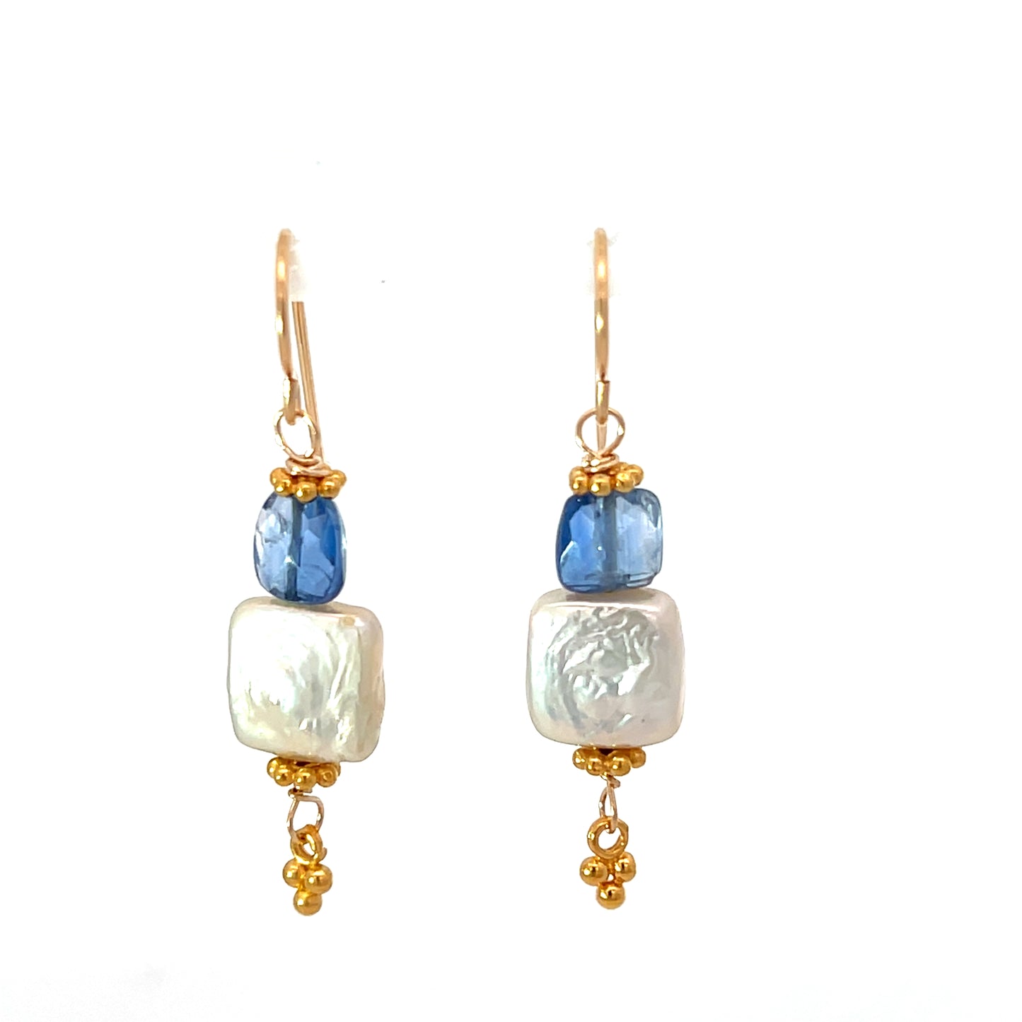 Kyanite and Square Pearl Gold Earrings