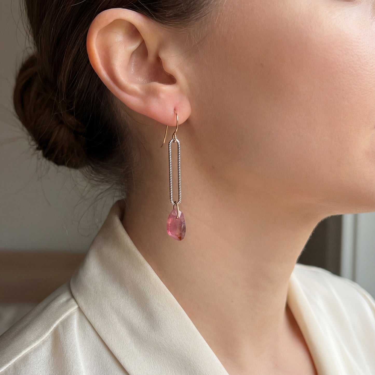 Rubelite Tourmaline Mixed Metal Earrings