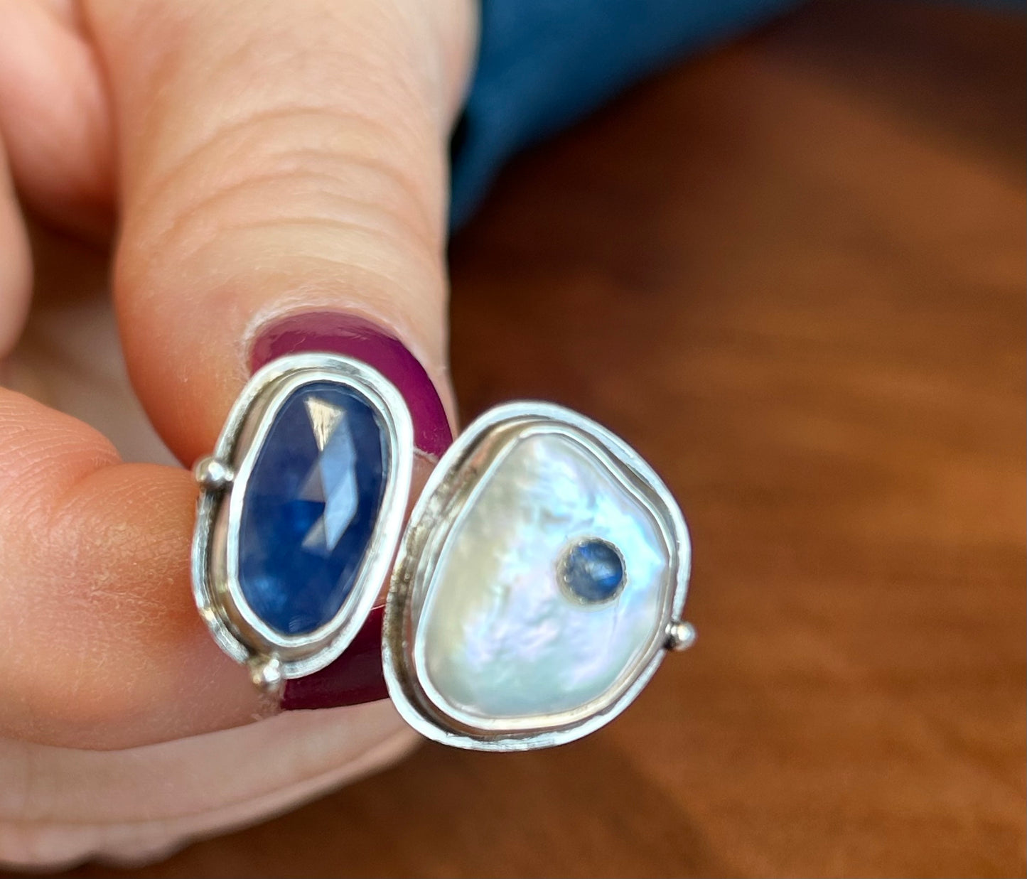 Keshi Pearl and Sapphire Ring