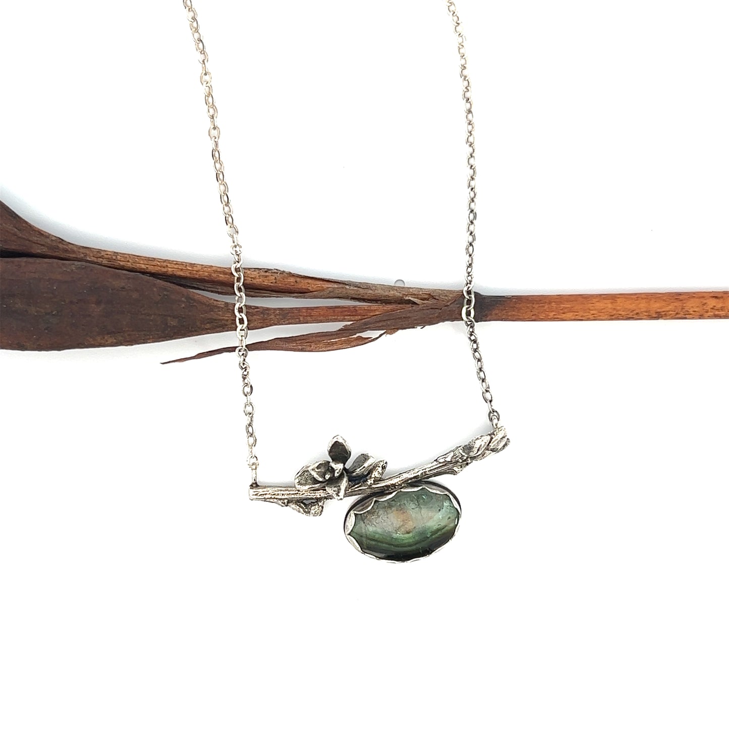 Silver Twig Bar Necklace with Tourmaline
