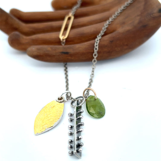 Green Tourmaline Mixed Metal Charm Necklace