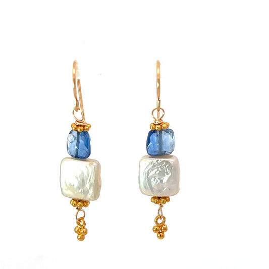 Kyanite and Square Pearl Gold Earrings